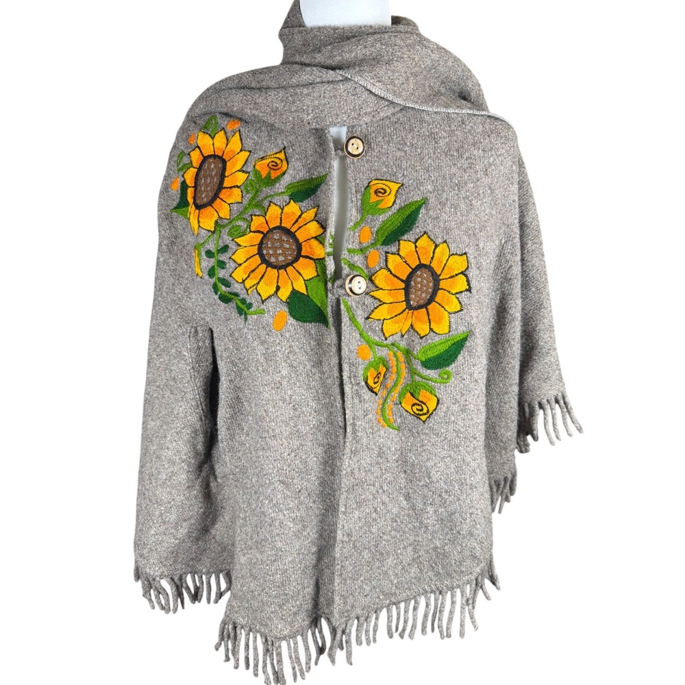 Handmade Sunflower Embroidered Wool Blend Poncho Scarf Tan Fringe Cape One Size